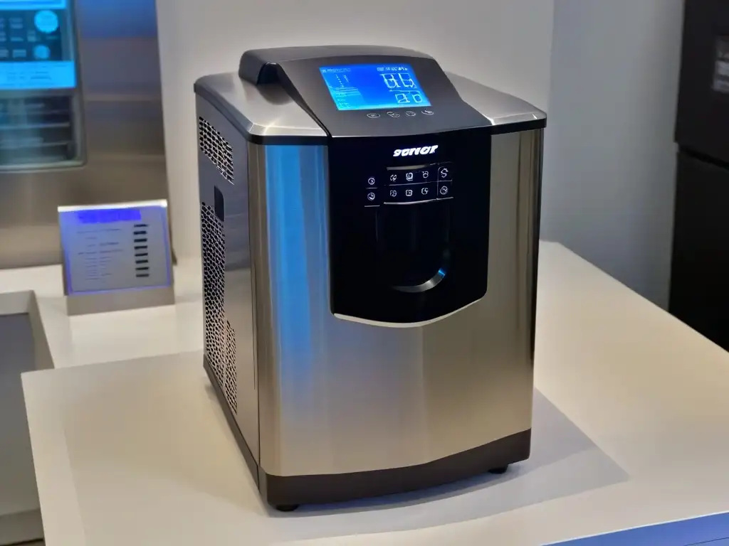 Detalle de máquina hacer helados gourmet de acero inoxidable, con pantalla digital y botones, diseño elegante y tecnología avanzada