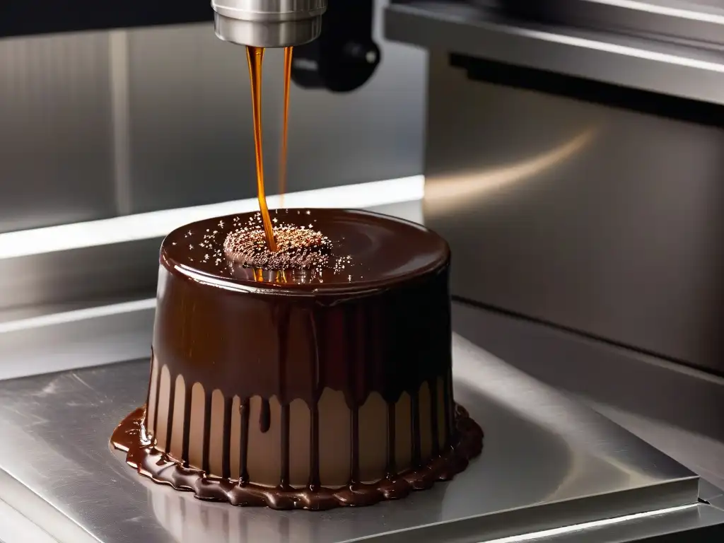 Detalle de máquina moderna para templar chocolate, con chocolate fundido fluyendo en superficie brillante