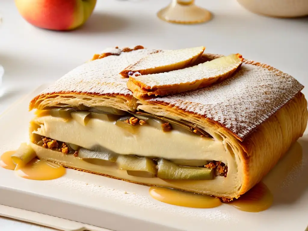 Delicioso strudel de manzana recién horneado Detalle del mejor strudel receta típica Austria: crujiente hojaldre relleno de manzana especiada, dorado y tentador