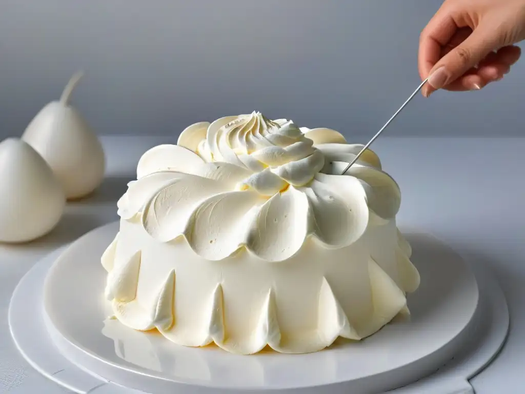 Detalle de un merengue blanco brillante en un batidor, destacando la técnica precisa y la textura perfecta