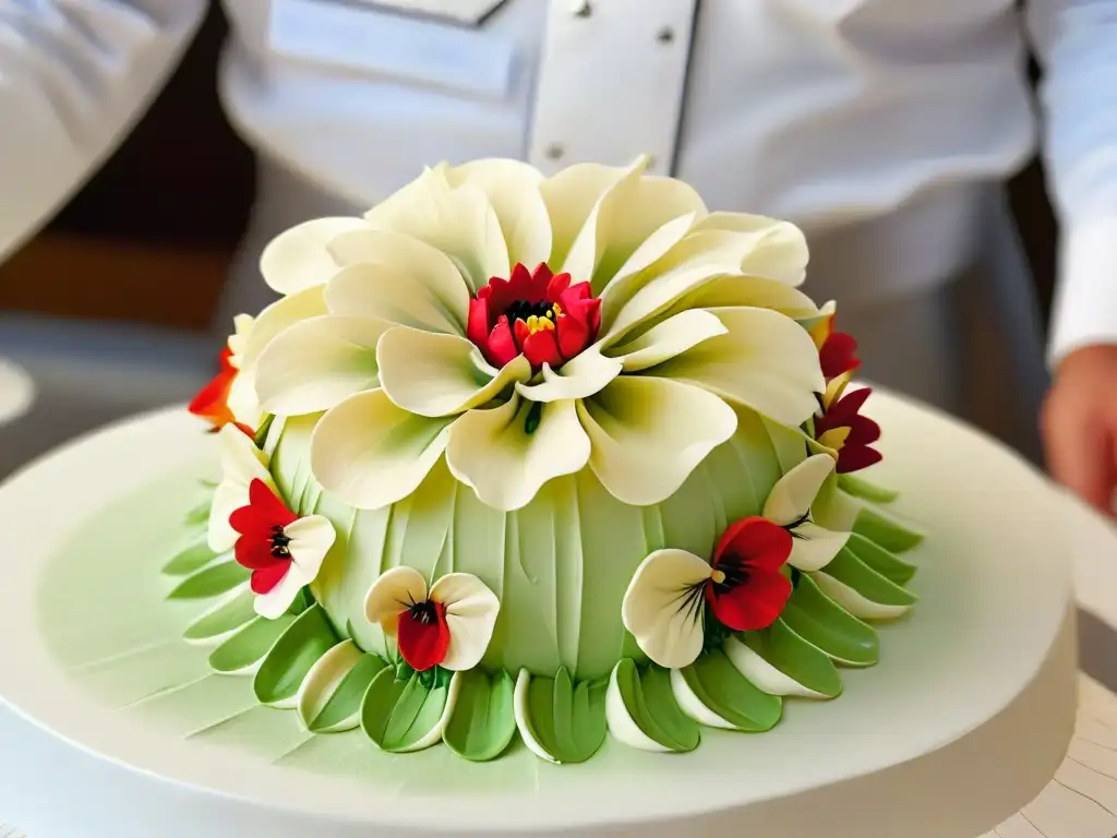 Detalle meticuloso de un chef creando una delicada flor de azúcar