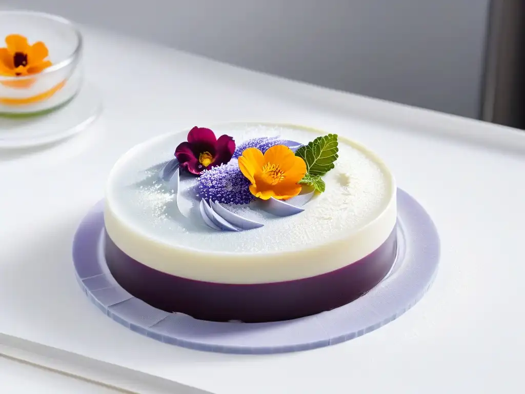 Detalle meticuloso de postre de gastronomía molecular en cocina moderna