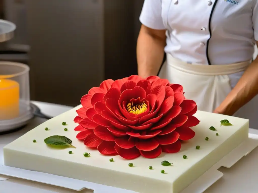 Detalle minucioso de una flor de azúcar, creación delicada en curso por manos expertas en repostería, fusionando arte y ciencia