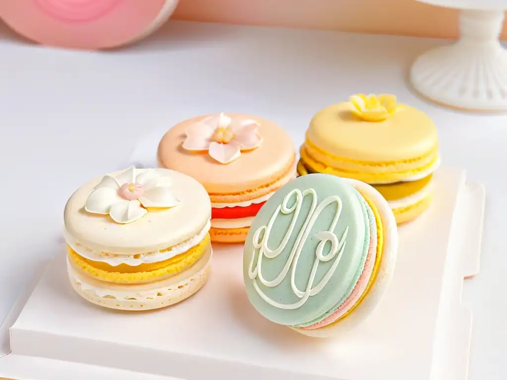 Detalle minucioso de decoración en un macaron francés, resaltando la artesanía en repostería clásica