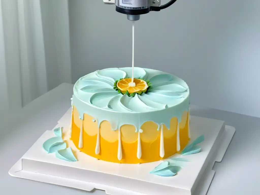 Detalle minucioso: impresora 3D decora tarta con precisión, creando patrones de encaje comestible