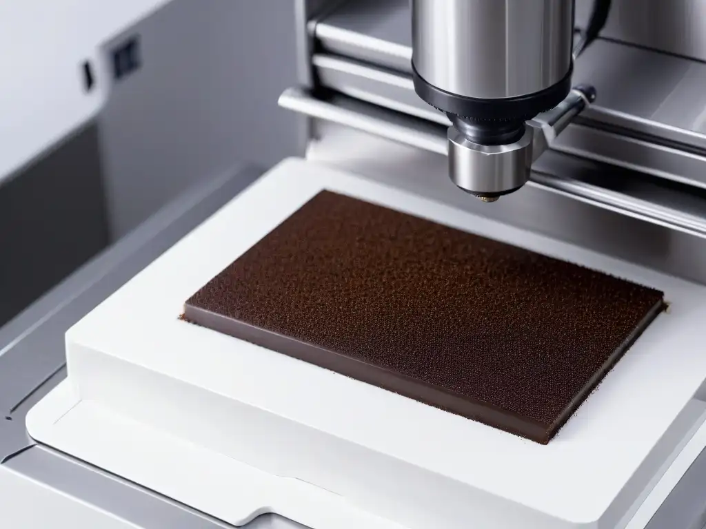 Detalle en 8k de una moderna máquina de templado de chocolate, destacando su precisión y diseño minimalista