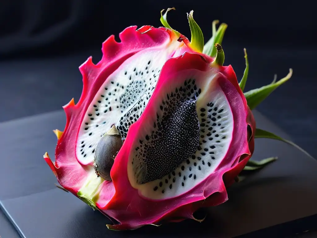 Detalle de pitahaya morada partida, con su pulpa blanca salpicada de semillas negras, en un elegante fondo negro