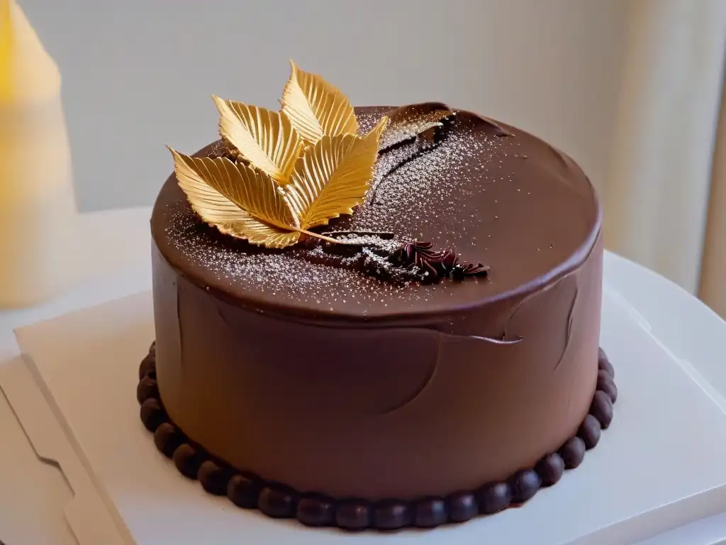 Detalle de oro comestible en repostería realzando la elegancia de un pastel de chocolate lujoso