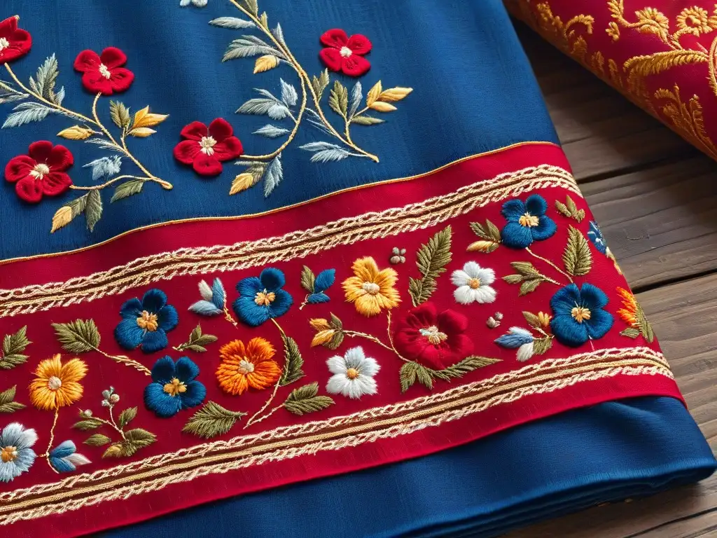 Bufanda babushka bordada: detalle vibrante y delicado Detalle de un pañuelo babushka con bordados tradicionales de Europa del Este en rojos, azules y dorados sobre mesa de madera rústica