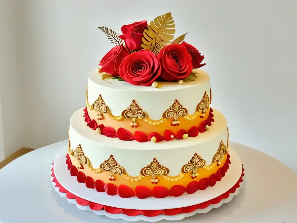 Detalle de pastel de boda tradicional indio con decoraciones originales en rojo y dorado sobre fondo blanco elegante