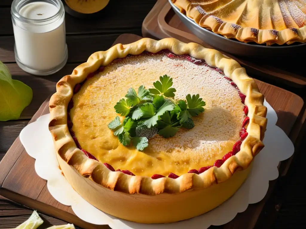 Detalle del Pastel de Choclo recién horneado en una mesa rústica de madera