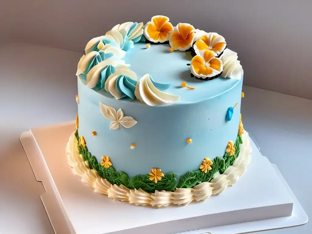 Detalle de un pastel bellamente decorado con influencia de marcas en utensilios de repostería y postres