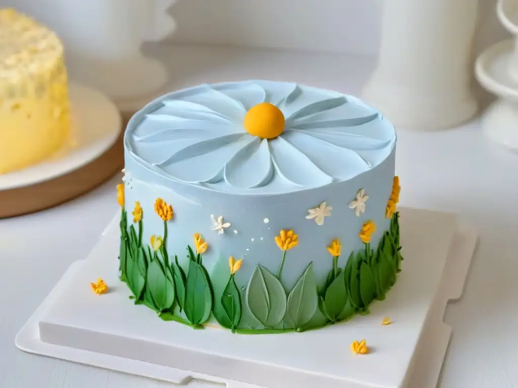 Detalle de mini pastel con pintura comestible para repostería en plato blanco elegante