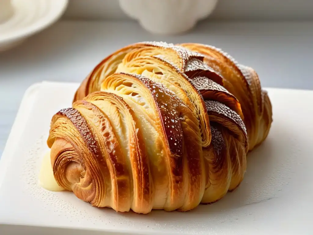 Detalle perfecto de un croissant dorado y escamoso, con texturas perfectas en repostería