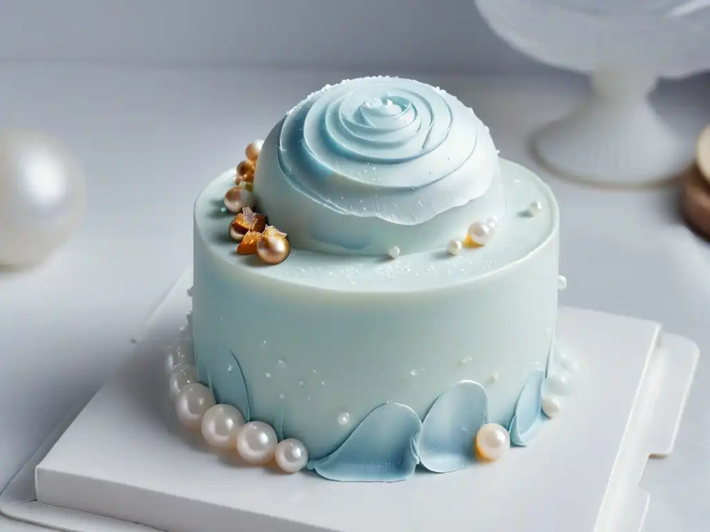 Detalle de perla de azúcar brillante sobre fondant blanco