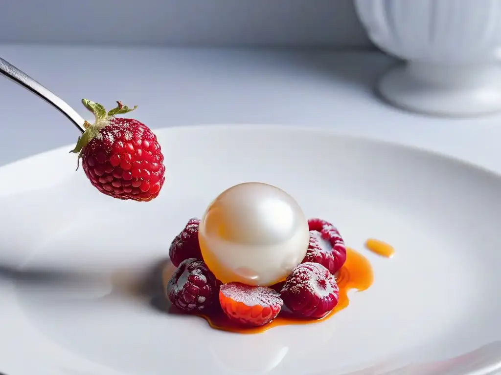 Detalle de perla de sabor en repostería: esfera roja brillante sobre cuchara blanca