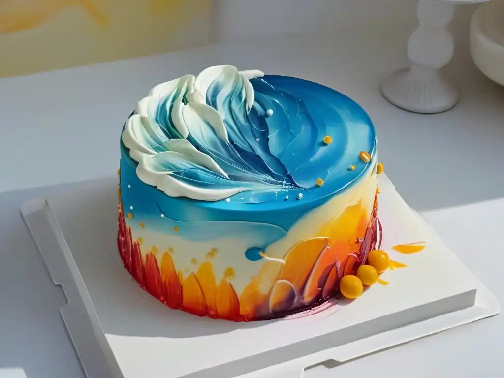 Detalle de la evolución de la pintura en repostería: pinceladas vibrantes sobre fondant blanco