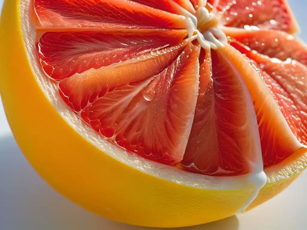 Detalle de un pomelo jugoso y colorido, equilibrio de sabores en repostería