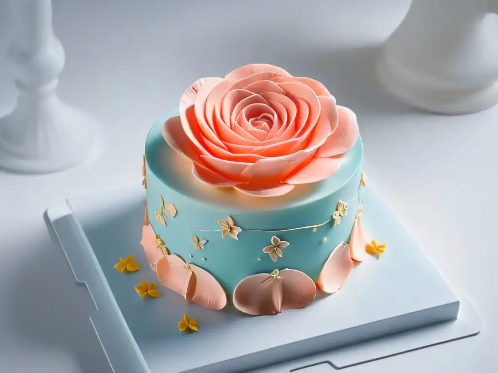 Detalle de postre impreso en 3D: rosa de azúcar y patrones geométricos en elegante escenario iluminado