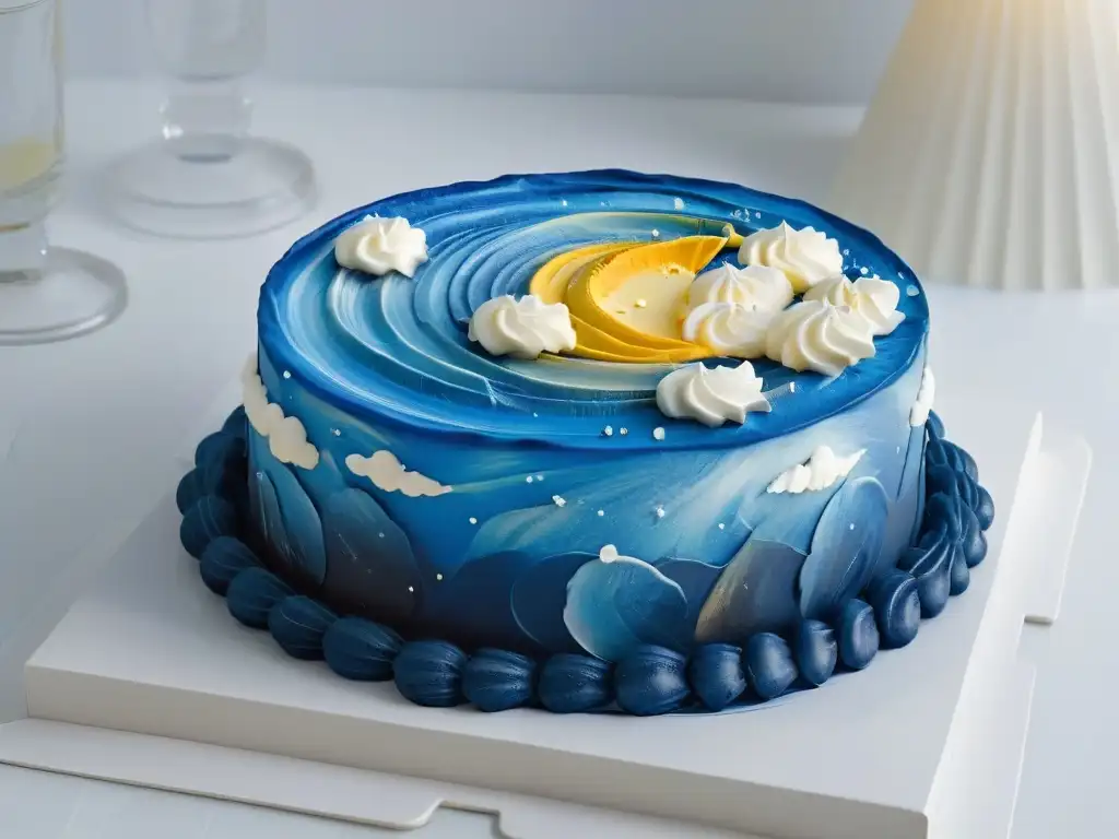 Dulce postre inspirado en Van Gogh: Detalle 8k Detalle de postre inspirado en Van Gogh: delicada creación con swirls azules y amarillos que evocan 'La noche estrellada'