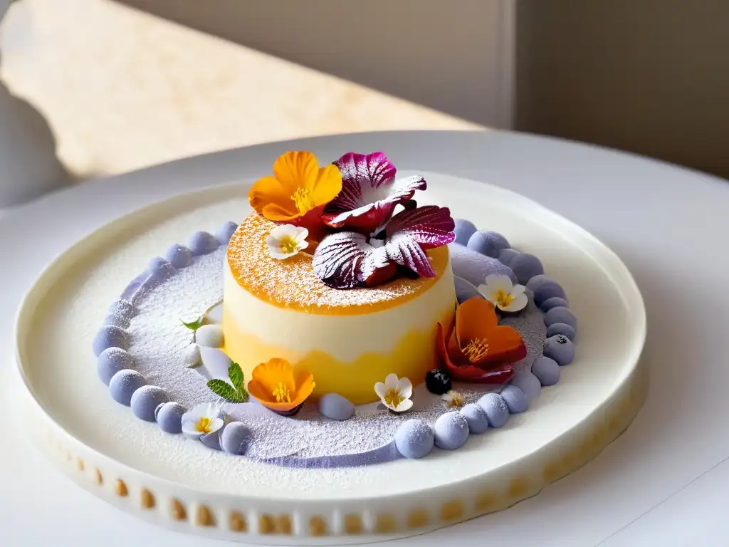 Exquisita obra de arte gastronómica: esfera de gelatina en capas Detalle de postre de repostería molecular: panes y bizcochos, con capas de gelatina, flores comestibles y azúcar glas
