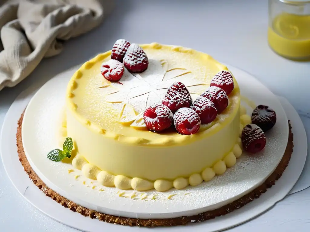 Detalle de postre: tarta de limón con acidez y dulzura en repostería, decorada con frambuesas y menta en mesa moderna