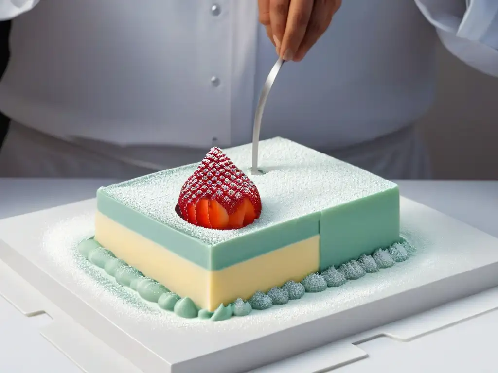 Detalle preciso: Molecula de azúcar delicada sobre postre, reflejando la importancia de la precisión en repostería molecular