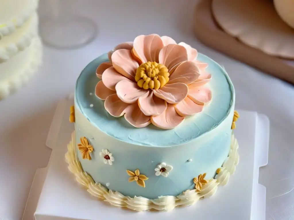 Detalle preciso de una flor de buttercream en un pastel decorado con elegancia