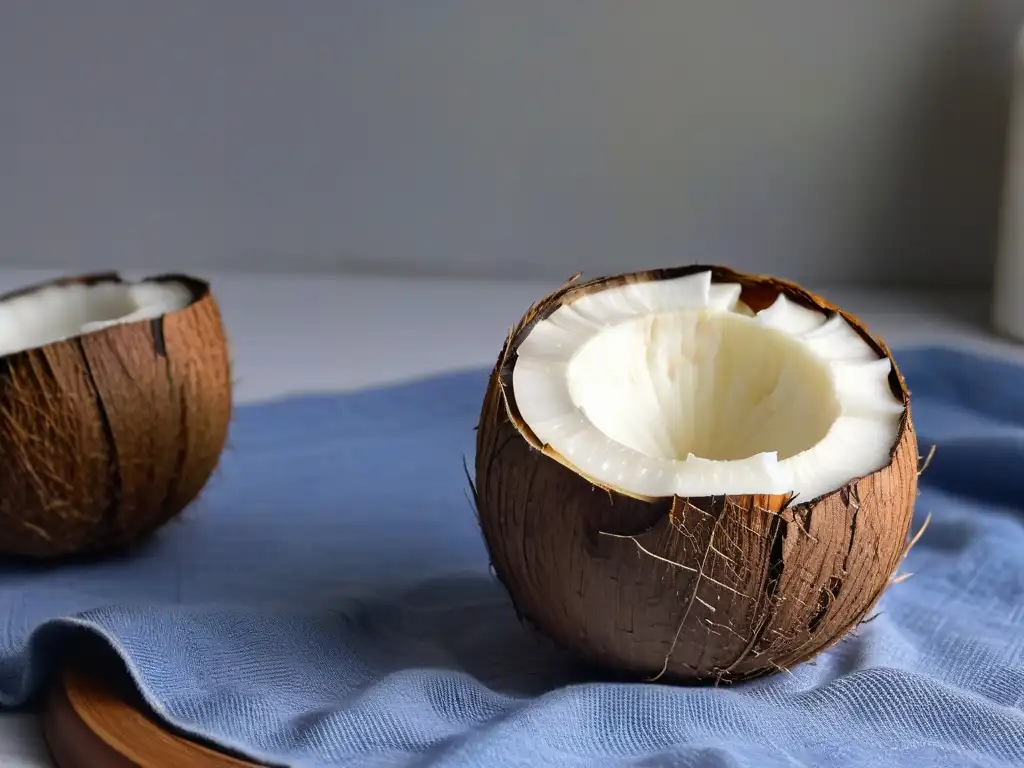 Detalle en primer plano de un coco con su cáscara parcialmente removida, mostrando patrones naturales y orgánicos