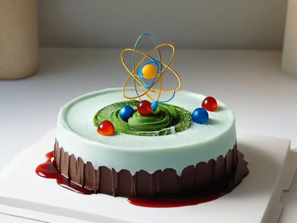 Detalle de la química en repostería moderna: estructura molecular de la sacarosa sobre un postre artístico