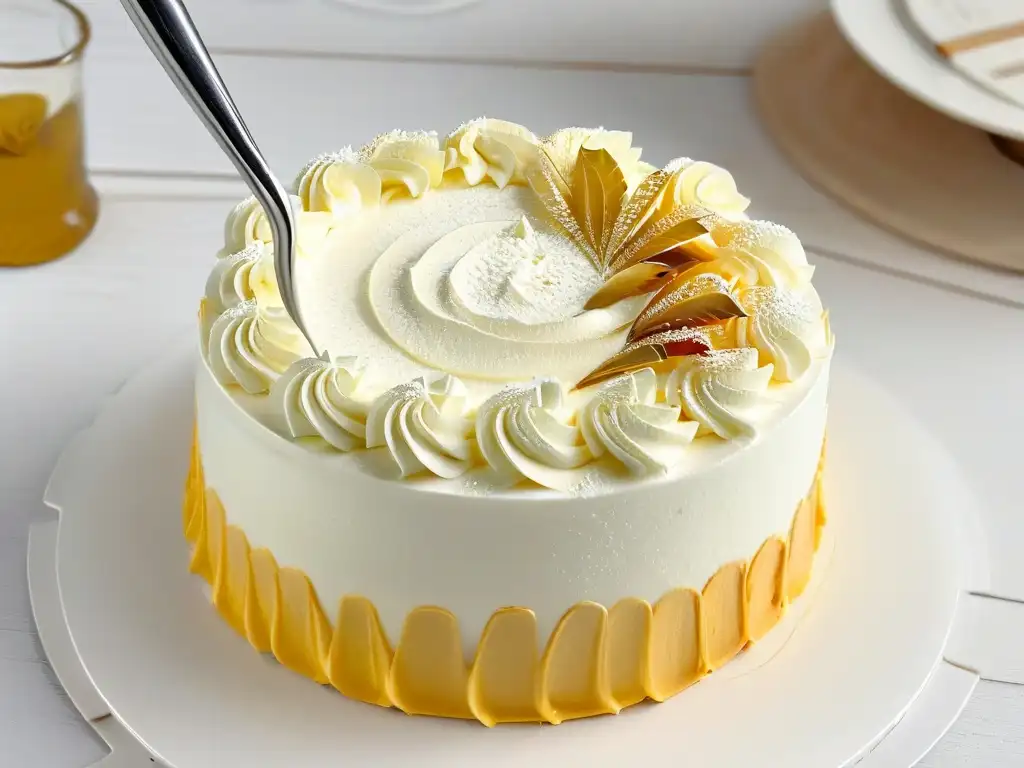 Detalle de repostería: pincel acariciando un pastel con aceites esenciales, resaltando textura y precisión en la cocina