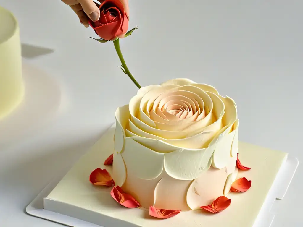 Detalle de una rosa de fondant siendo meticulosamente creada a mano, mostrando la precisión y arte en decoraciones fondant glaseado repostería