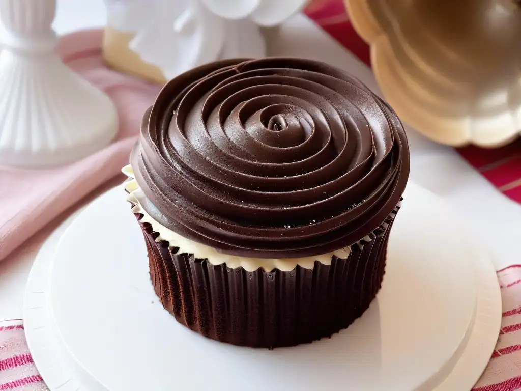 Detalle de una rosa de crema sobre un cupcake de chocolate, destacando el brillo sutil del polvo comestible, en un fondo blanco