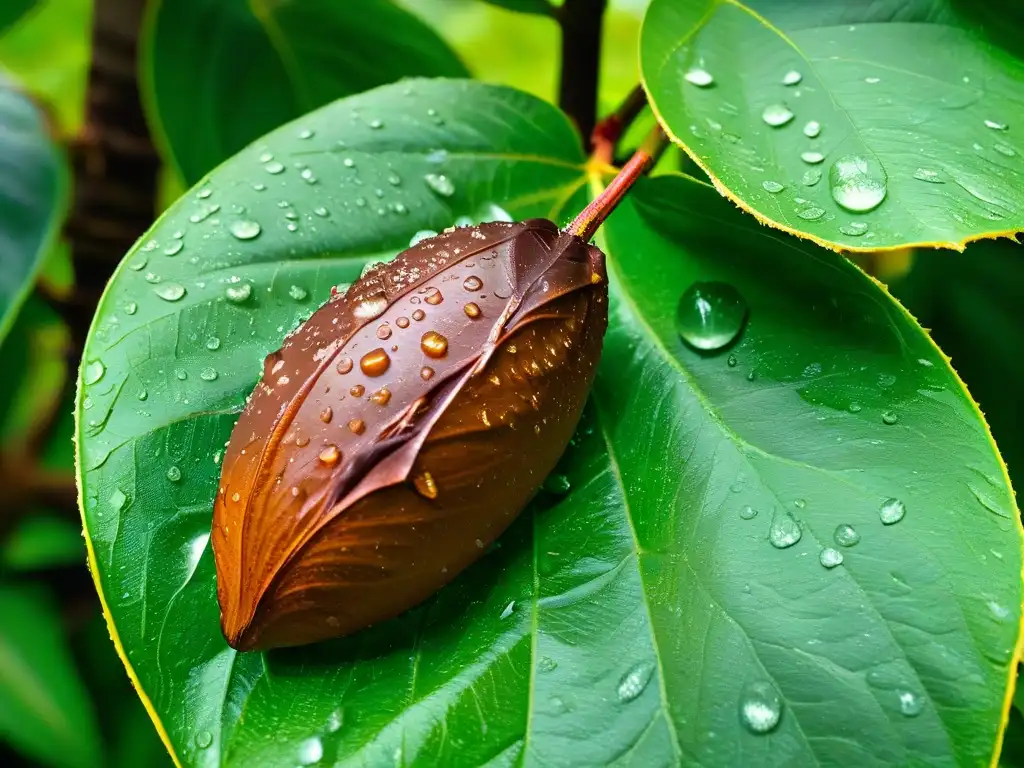 Detalle de una semilla de cacao con gotas de agua, rodeada de hojas verdes