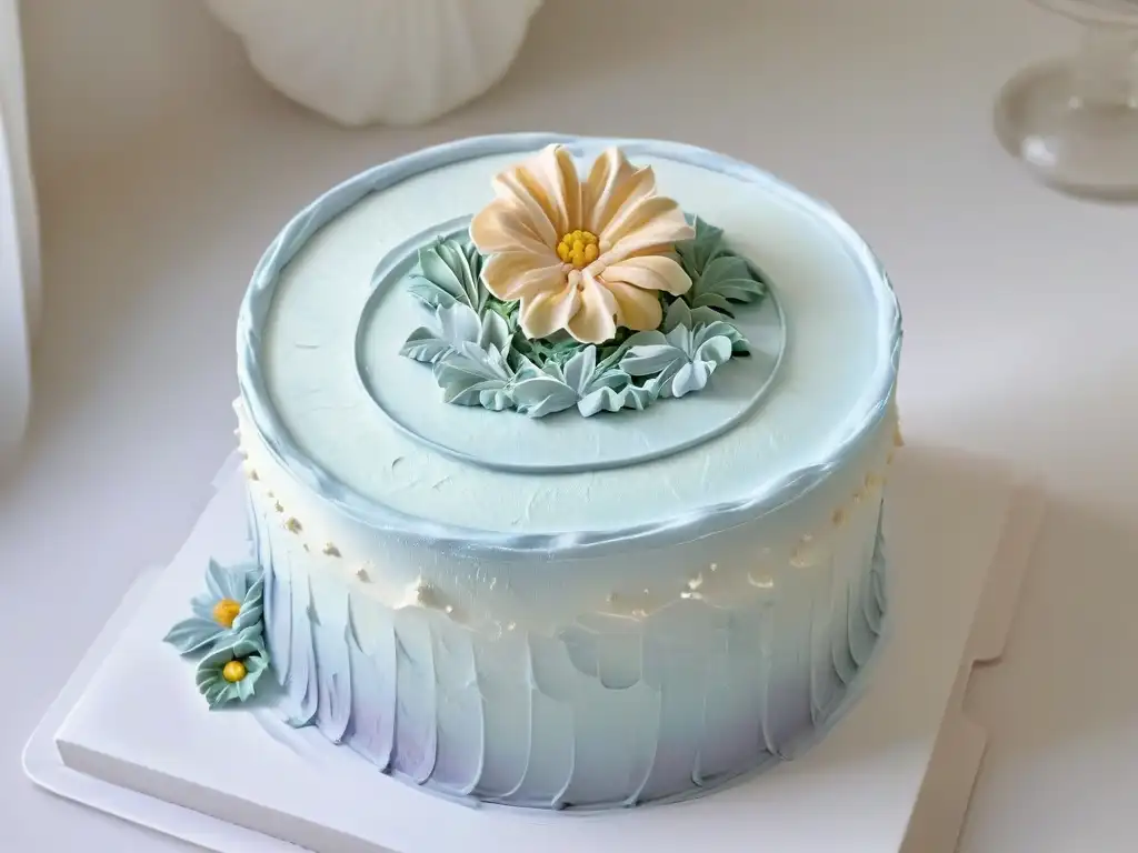 Detalle de una tarta perfectamente glaseada en tonos pastel con una flor de azúcar