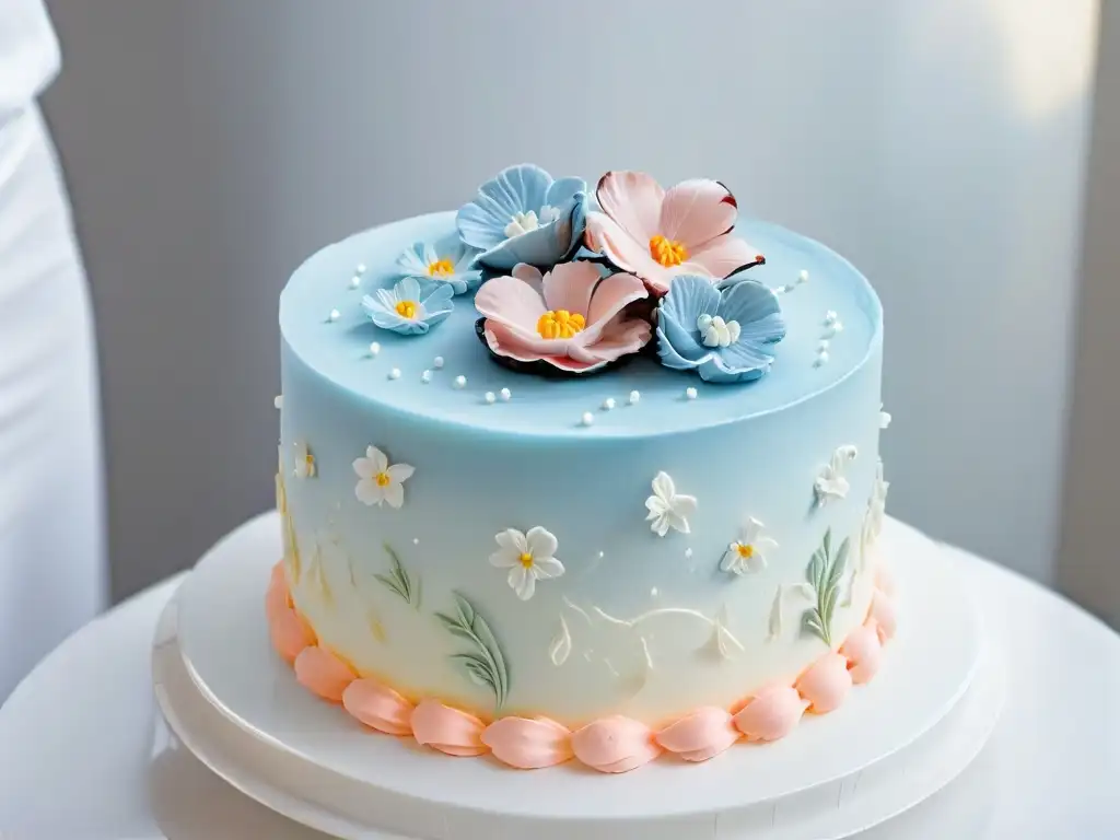 Detalle de tarta de tres pisos con flores de azúcar y decoración elaborada, en tonos pastel, ideal para aplicaciones móviles pastelería creativa