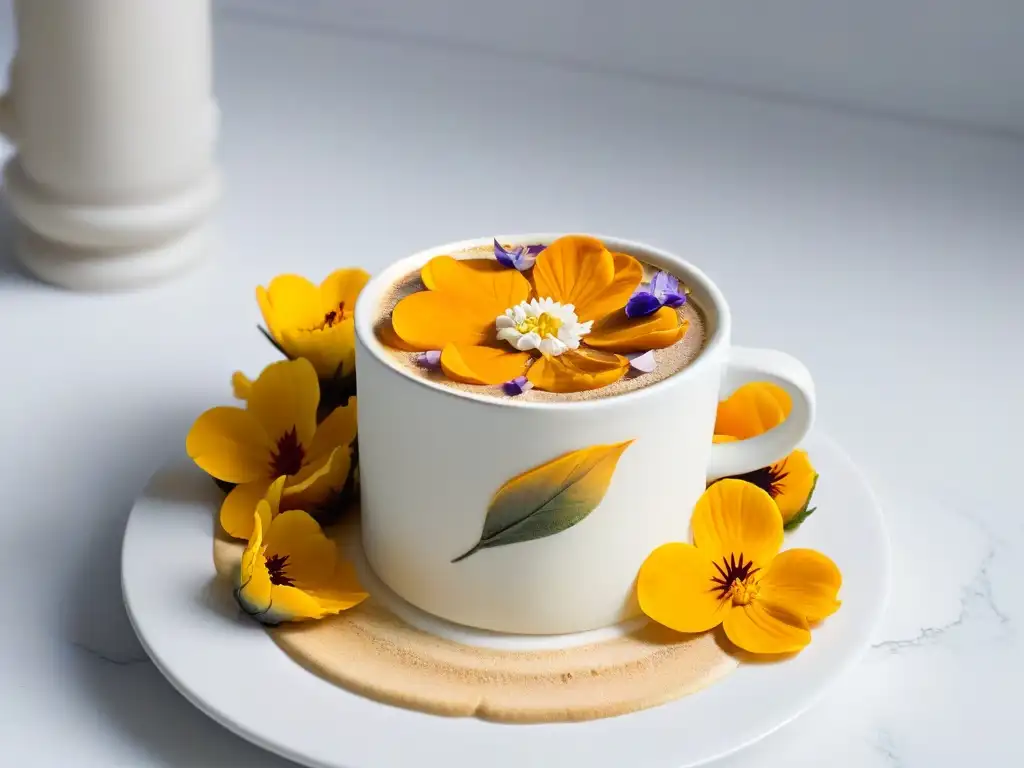 Detalle de taza de café con flores comestibles y arte latte sobre mesa de mármol