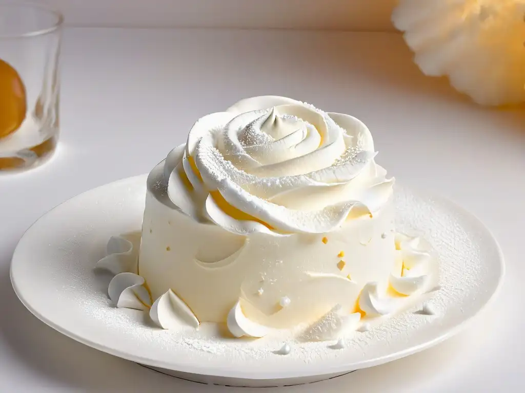 Detalle de tenedor de postre levantando un merengue esponjoso, con brillo de azúcar, recetas reciclaje merengue postre