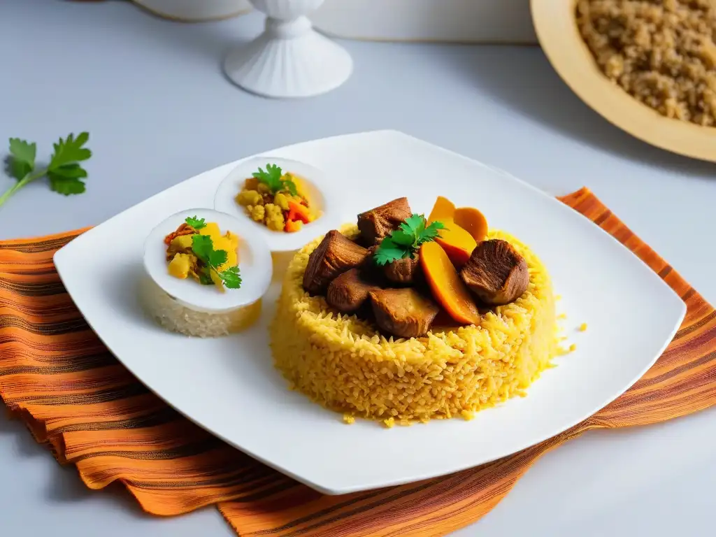 Detalle de Thieboudienne dulce receta tradicional senegalesa en un plato blanco elegante