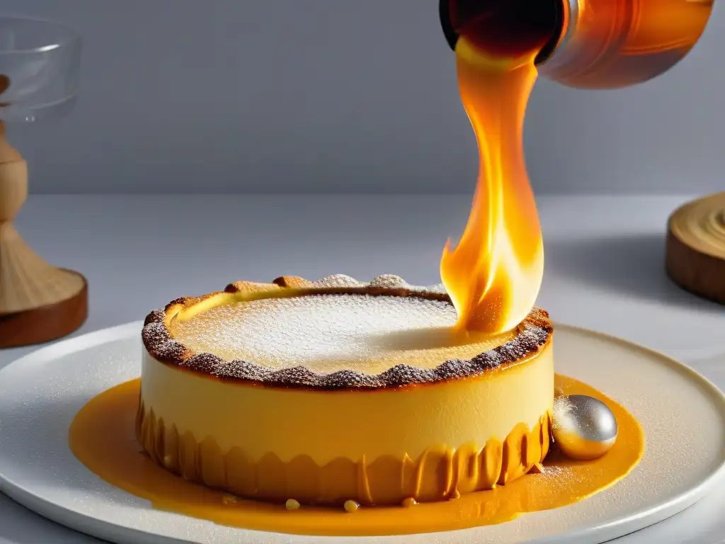 Detalle ultradetallado de un crème brûlée dorado siendo caramelizado con soplete, en competencias repostería historias ganadores