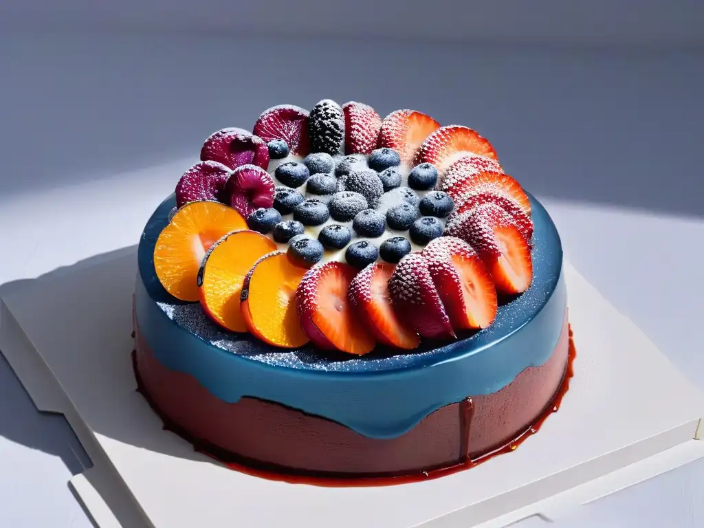 Detalle ultradetallado de gelificado en repostería moderna sobre una brillante capa de frutas