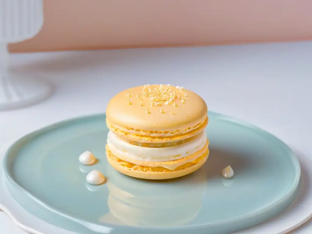 Exquisito macaron horneado en detalle: arte en porcelana Detalle único de un macaron perfecto en plato de porcelana