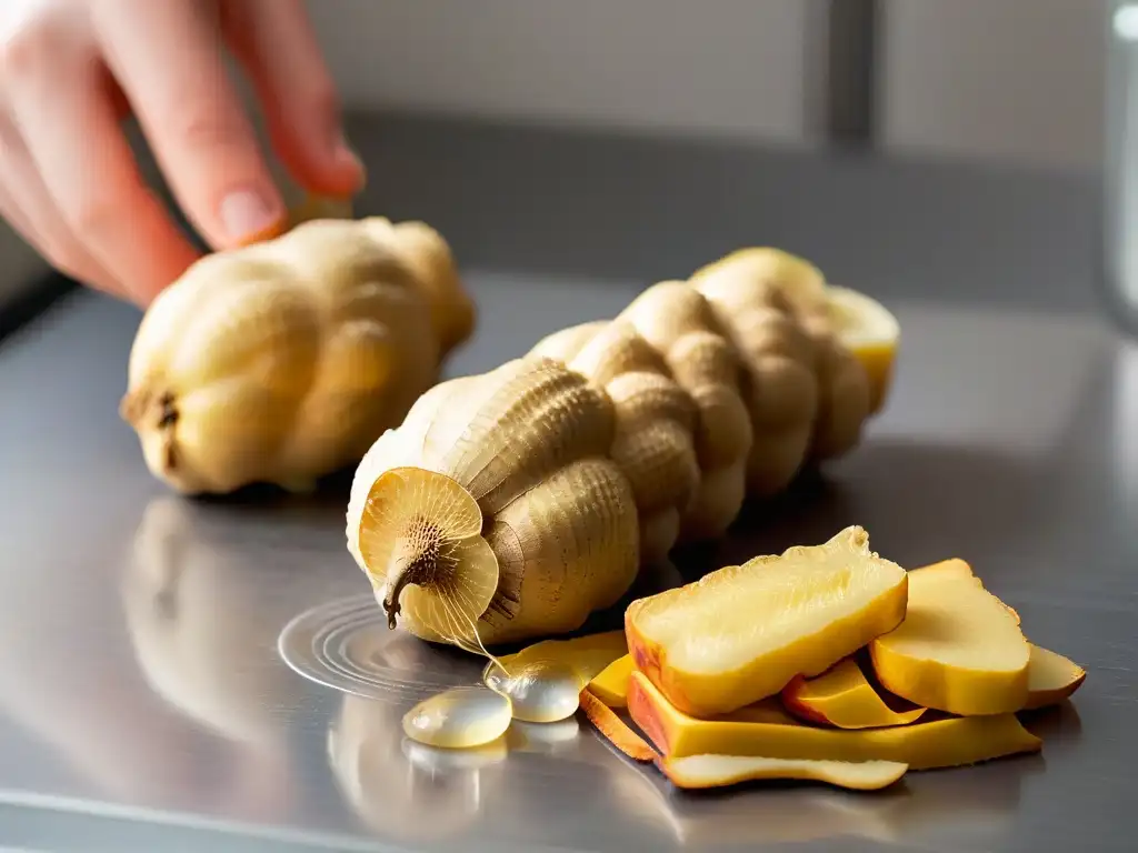 Detalle único del jengibre rallado a mano en una cocina moderna