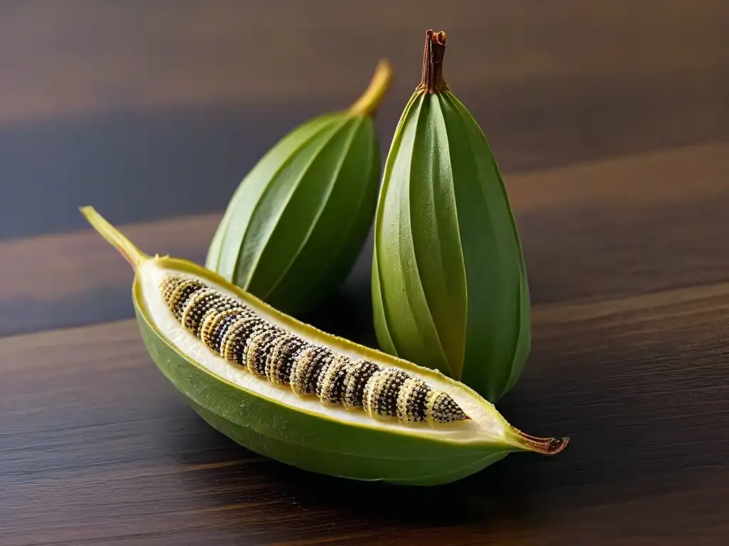 Exquisita vaina de vainilla: belleza y aroma en detalle Detalle de vaina de vainilla abierta con semillas brillantes