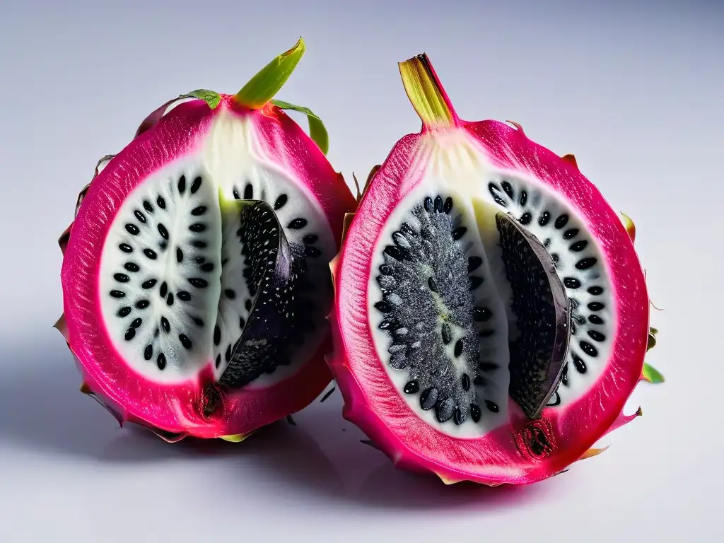 Detalle vibrante de un pitahaya cortada en dos, con su carne fucsia y semillas negras, ideal para frutos exóticos repostería moderna