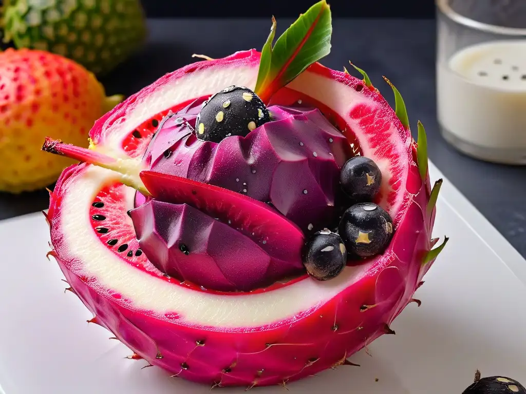 Detalle vibrante de un pitahaya madura en mitades, con su carne fucsia y semillas negras, perfecta para frutos exóticos repostería moderna