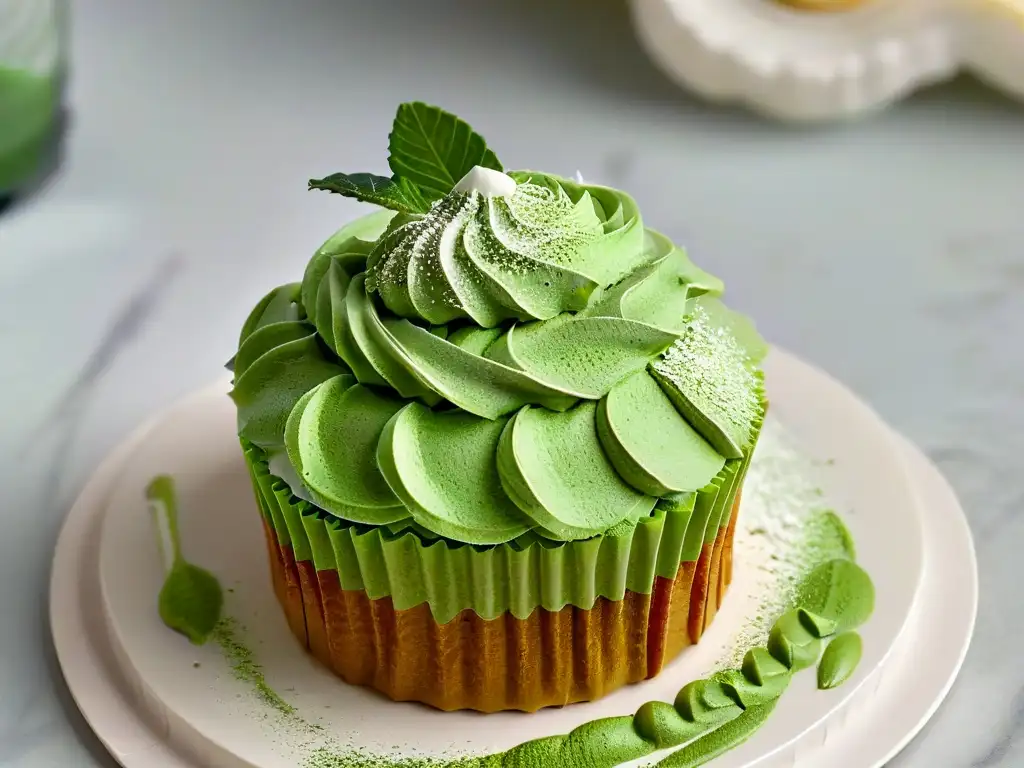 Detalle vibrante: polvo matcha sobre cupcake, resaltando patrones y esencia