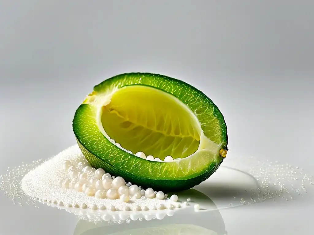 Deliciosas perlas verdes de lima dedo: exótico y vibrante Detalle vibrante de Finger Lime verde con sus perlas jugosas, ideal para postres australianos