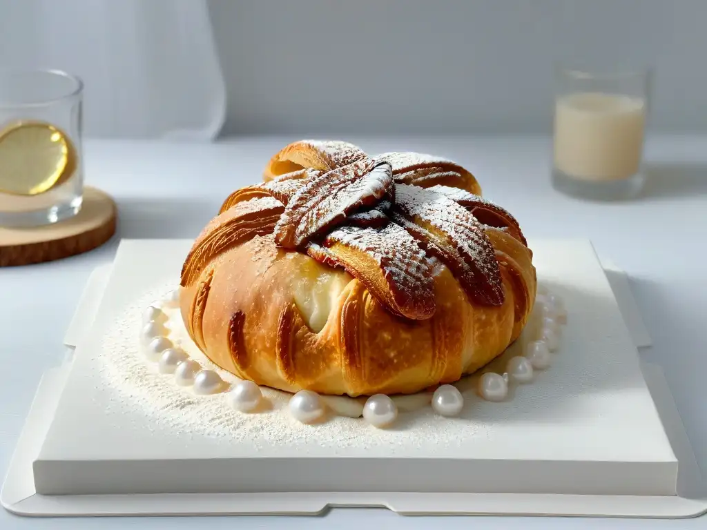 Detalles de azúcares especiales para repostería gourmet adornando un croissant recién horneado y dorado