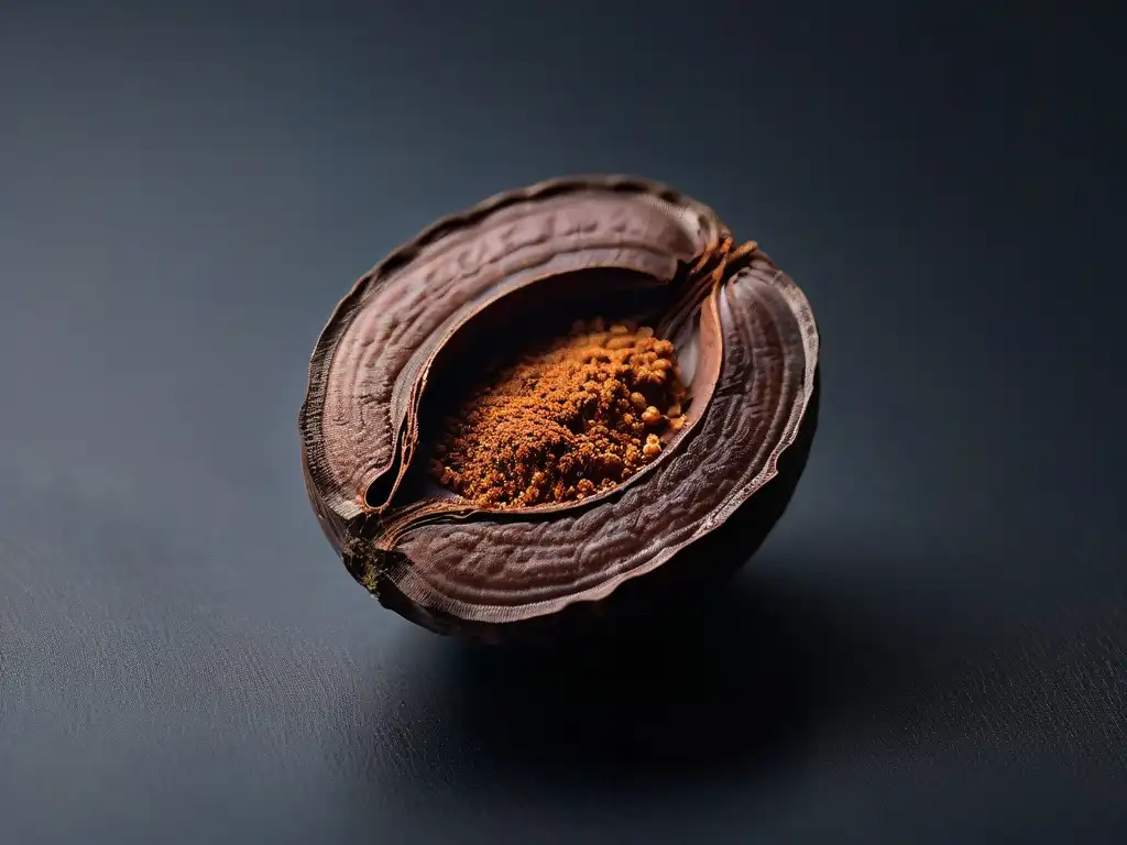 Detalles del cacao puro para repostería saludable: semilla oscura dividida, textura y color profundo, autenticidad y pureza